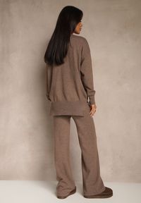 Renee - Brązowy Dzianinowy Komplet z Wełną Spodnie Wide Leg i Sweter z Golfem Lanica. Kolor: brązowy. Materiał: wełna, dzianina #3
