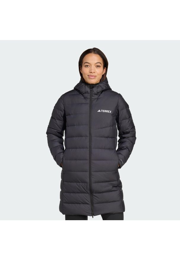 Adidas - Parka Terrex Multi Light Down Hooded 2.0. Kolor: czarny, biały, wielokolorowy. Materiał: puch. Technologia: ClimaWarm (Adidas). Sport: turystyka piesza