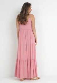 Born2be - Różowa Sukienka z Wiskozy na Ramiączkach z Falbanką Graesa. Kolor: różowy. Materiał: wiskoza. Długość rękawa: na ramiączkach. Styl: wakacyjny #4