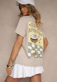 Renee - Beżowy T-shirt Oversize z Bawełny Ozdobiony Nadrukiem Filiora. Okazja: na co dzień. Kolor: beżowy. Materiał: bawełna. Wzór: aplikacja, nadruk. Styl: casual