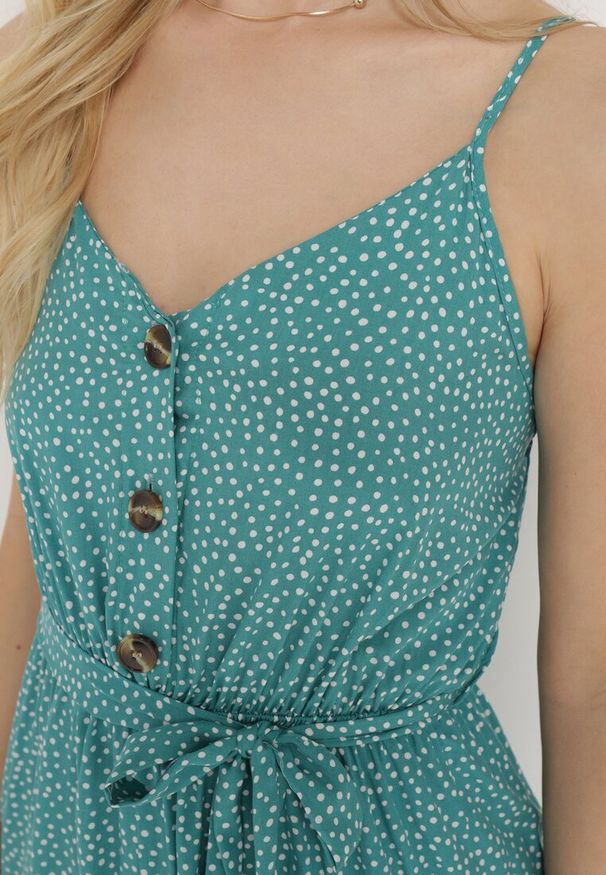 Born2be - Zielony Bawełniany Kombinezon z Regulowanymi Ramiączkami i Gumką w Pasie z Paskiem Bellasun. Okazja: na co dzień. Kolor: zielony. Materiał: bawełna. Długość rękawa: na ramiączkach. Długość: do kostek. Styl: casual, elegancki