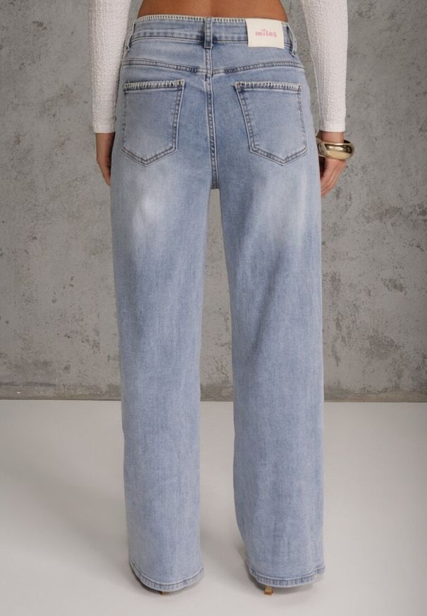Renee - Niebieskie Szerokie Jeansy High Waist z Przeszyciami Tryphile. Okazja: na co dzień. Stan: podwyższony. Kolor: niebieski. Styl: casual, elegancki