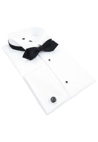 Mmer / Villaro - Koszule męskie - Biała koszula ślubna smokingowa M2. Okazja: na wesele, na ślub cywilny. Typ kołnierza: łamany. Kolor: biały. Materiał: bawełna, elastan, tkanina. Długość: długie. Wzór: gładki. Styl: elegancki #1
