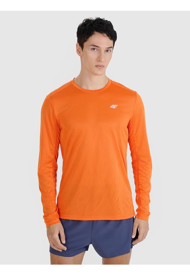 4f - 4F Longsleeve do biegania szybkoschnący męski - pomarańczowy S. Kolor: pomarańczowy. Materiał: tkanina, materiał, włókno, dzianina, syntetyk. Długość rękawa: długi rękaw. Długość: krótkie. Wzór: gładki, ze splotem. Sport: bieganie