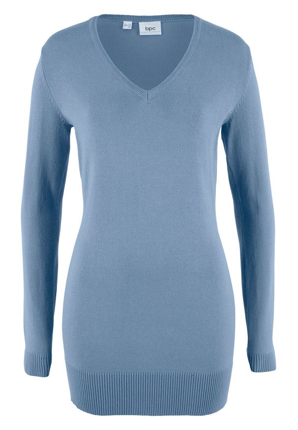 Długi sweter basic z dekoltem w serek bonprix matowy niebieski. Typ kołnierza: dekolt w serek. Kolor: niebieski. Materiał: dzianina. Długość: długie. Wzór: gładki, ze splotem