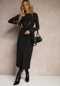 Renee - Czarna Spódnica Ołówkowa z Wiskozą High Waist z Rozcięciem Semivinia. Okazja: na co dzień. Stan: podwyższony. Kolor: czarny. Materiał: wiskoza. Styl: casual, wizytowy, elegancki