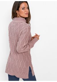 Sweter dzianinowy w warkocze bonprix różowobrązowy. Kolor: różowy. Materiał: dzianina, materiał, akryl, bawełna #3