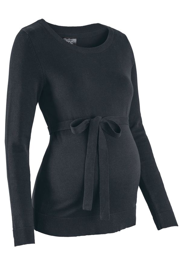 Sweter ciążowy z 100% bawełny, z wiązanym paskiem bonprix czarny. Kolekcja: moda ciążowa. Kolor: czarny. Materiał: bawełna