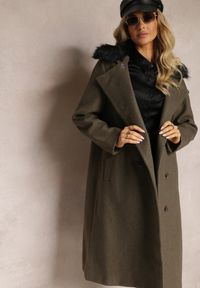 Renee - Ciemnozielony Płaszcz Amatheris. Kolor: zielony. Materiał: jeans, materiał, poliester, futro. Długość: długie #5