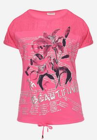 Born2be - Różowa Bluzka z Bawełny Ozdobiona Haftami i Nadrukiem Mahinetta. Kolor: różowy. Materiał: bawełna. Wzór: haft, nadruk, aplikacja