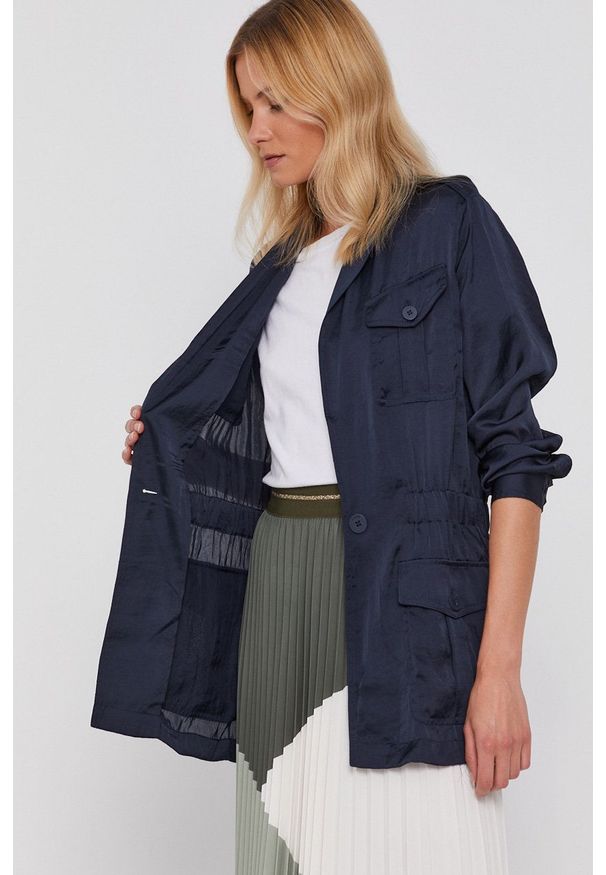 DKNY - Dkny - Marynarka. Kolor: niebieski. Materiał: tkanina, satyna, materiał. Wzór: ze splotem. Styl: klasyczny