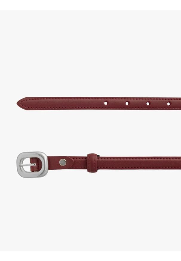 Ryłko - Bordowy pasek damski ze skóry licowej ze srebrną klamrą. Kolor: czerwony. Materiał: skóra