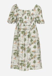 Born2be - Zielona Sukienka z Bufiastymi Rękawami i Wiązaniem przy Dekolcie z Gumką na Plecach Vikninna. Okazja: na co dzień, na randkę. Kolor: zielony. Materiał: jeans. Wzór: aplikacja, kwiaty. Sezon: lato. Styl: casual #3