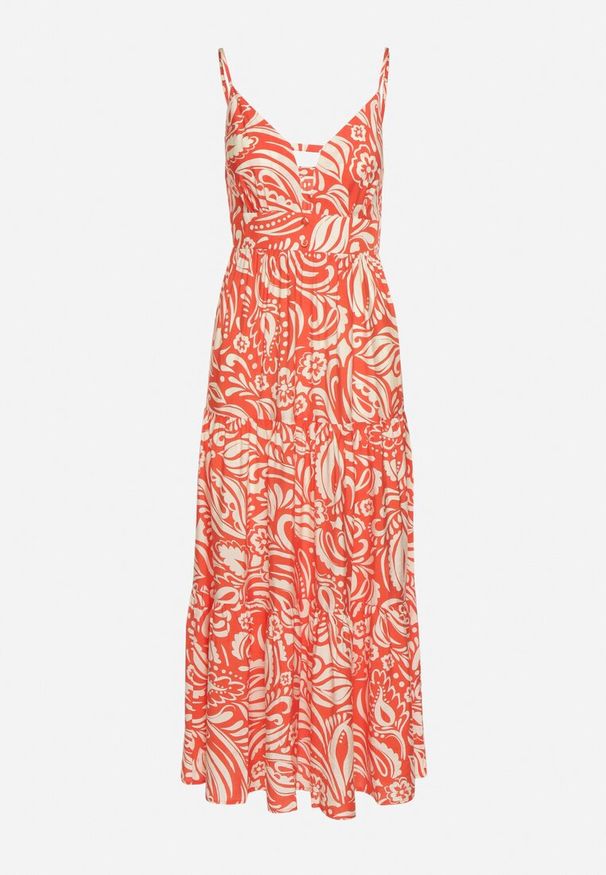 Born2be - Pomarańczowa Sukienka z Bawełną i Wiskozą na Cienkich Ramiączkach z Regulacją z Paskiem Dimite. Kolor: pomarańczowy. Materiał: bawełna, wiskoza. Długość rękawa: na ramiączkach. Wzór: aplikacja. Styl: klasyczny