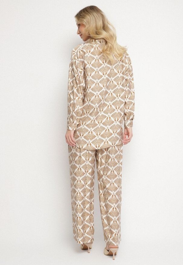 Born2be - Beżowy Komplet z Wiskozą w Etniczny Wzór Szerokie Spodnie i Koszula Elezaria. Kolor: beżowy. Materiał: wiskoza. Wzór: aplikacja