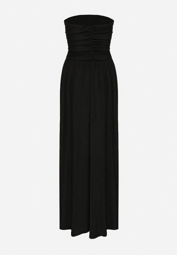 Born2be - Czarna Sukienka Koktajlowa Bandeau z Wiskozą Ozdobiona Marszczeniem Nalithae. Okazja: na co dzień. Kolor: czarny. Materiał: wiskoza. Wzór: aplikacja. Styl: wizytowy