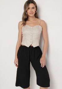 Born2be - Czarne Szerokie Spodnie z Gumką w Pasie 3/4 z Kieszonkami Efronessa. Okazja: na co dzień, na spotkanie biznesowe. Kolor: czarny. Styl: biznesowy, klasyczny, casual #2