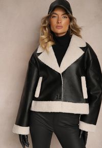 Renee - Czarna Kurtka Biker w Stylu Ramoneski z Futrzanym Ociepleniem Nikinia. Okazja: na co dzień. Kolor: czarny. Materiał: futro. Styl: klasyczny, casual, elegancki