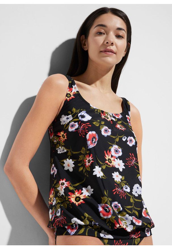 bonprix - Top plażowy tankini. Okazja: na plażę. Kolor: czarny. Wzór: nadruk, aplikacja