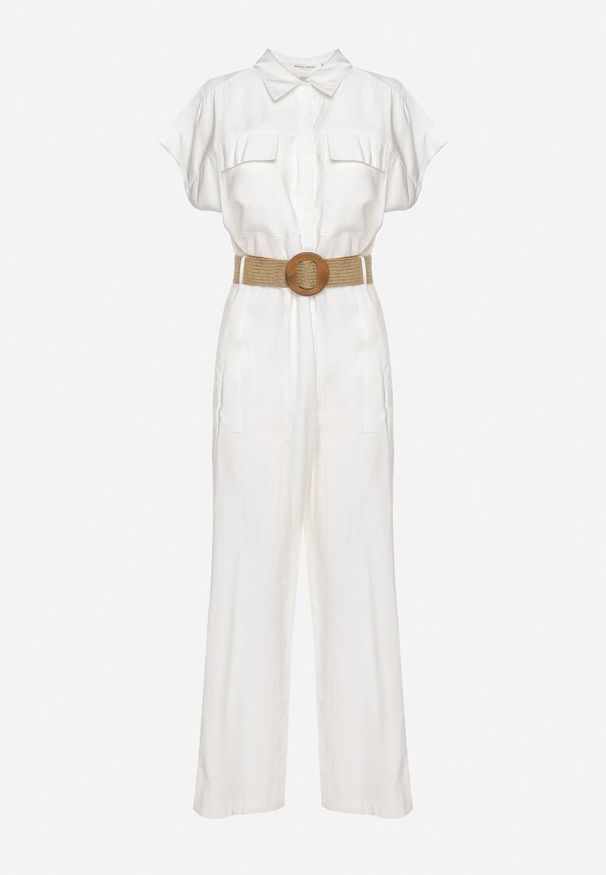 Born2be - Biały Kombinezon Utility z Paskiem Plecionym z Okrągłą Klamrą Vesalia. Okazja: na co dzień. Kolor: biały. Długość rękawa: krótki rękaw. Długość: krótkie. Wzór: aplikacja. Styl: elegancki, casual, klasyczny