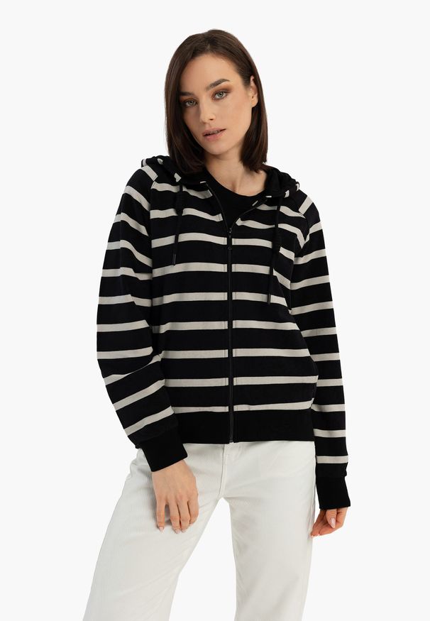 Volcano - Bluza w paski z kapturem B-KIRA. Okazja: na co dzień. Typ kołnierza: kaptur. Kolor: czarny. Materiał: bawełna, materiał. Długość rękawa: raglanowy rękaw. Wzór: paski. Styl: casual, sportowy