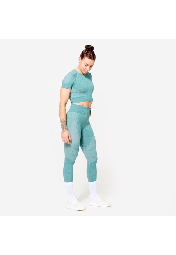 DOMYOS - Legginsy fitness damskie Domyos. Stan: podwyższony. Kolor: zielony. Materiał: poliamid, elastan, materiał. Sport: fitness