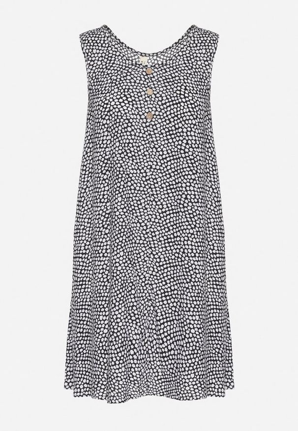 Born2be - Czarna Bawełniana Rozkloszowana Sukienka Ozdobiona Kwiatami i Guzikami Lisavella. Okazja: na co dzień, na spacer. Kolor: czarny. Materiał: bawełna. Wzór: aplikacja, kwiaty. Sezon: lato. Styl: elegancki, klasyczny, casual