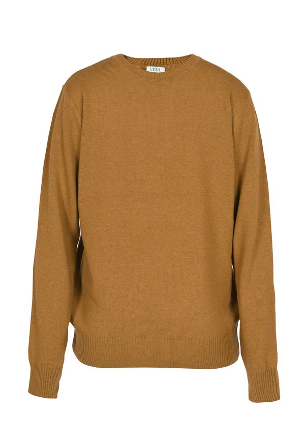 VEVA - Męski sweter z wełny Tender musztardowy. Kolor: żółty. Materiał: wełna. Wzór: melanż, ze splotem. Styl: klasyczny
