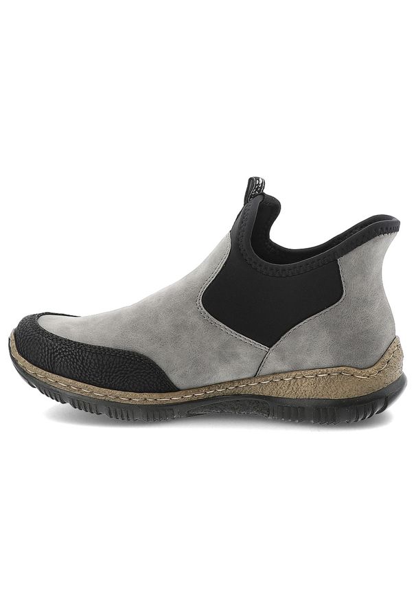 Szare Botki Rieker Wsuwane Obuwie Damskie. Okazja: na co dzień. Zapięcie: bez zapięcia. Kolor: szary. Materiał: jeans, materiał. Styl: casual, sportowy, elegancki