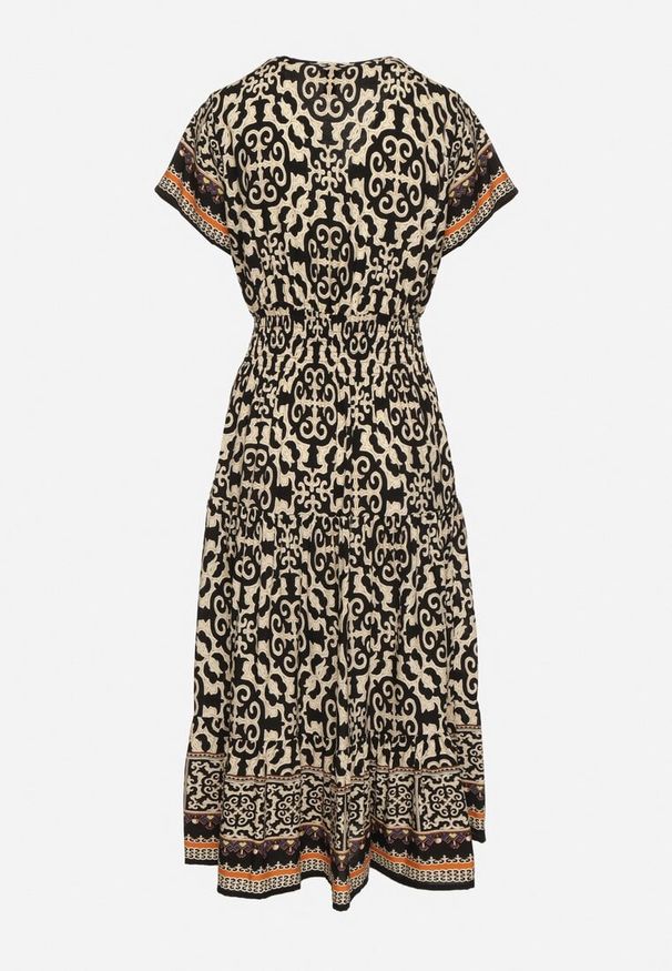 Born2be - Czarna Bawełniana Sukienka z Gumką w Talii i Guzikami Natiflione. Okazja: na co dzień. Typ kołnierza: dekolt w kształcie V. Kolor: czarny. Materiał: bawełna. Typ sukienki: oversize, rozkloszowane. Styl: elegancki, casual, klasyczny