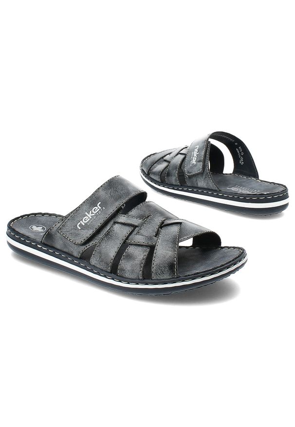 Granatowe Klapki Rieker Modne Obuwie Męskie. Okazja: na spacer, na plażę. Kolor: niebieski. Materiał: materiał. Sezon: lato