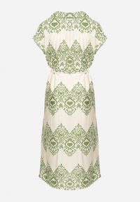 Born2be - Zielono-Beżowa Taliowana Sukienka Boho z Wiskozą Wiązana w Talii Paskiem Losofia. Okazja: na co dzień. Typ kołnierza: dekolt w kształcie V. Kolor: zielony. Materiał: wiskoza. Długość rękawa: krótki rękaw. Wzór: aplikacja. Sezon: lato. Styl: boho #3