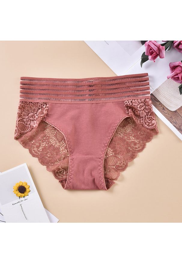 Intica - Majtki bezszwowe z szerokim pasem i koronką Dobrita. Kolor: beżowy. Materiał: koronka. Wzór: koronka