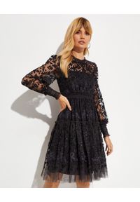NEEDLE & THREAD - Czarna sukienka mini Emilana. Kolor: czarny. Materiał: tiul, koronka. Długość rękawa: długi rękaw. Wzór: koronka. Długość: mini #1
