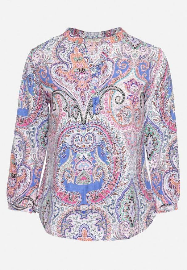 Born2be - Niebiesko-FIoletowa Bluzka Koszula z Guzikami Przy Dekolcie w Ornamentalny Print Indafare. Okazja: na spotkanie biznesowe, do pracy, na co dzień. Kolor: niebieski. Materiał: jeans. Wzór: nadruk. Styl: biznesowy, casual, elegancki