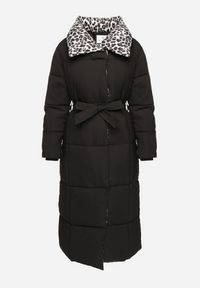Born2be - Czarno-Szara Pikowana Kurtka o Długim Kroju z Kołnierzem w Panterkę i Wiązanym Paskiem Silfezi. Okazja: na co dzień. Kolor: czarny. Materiał: jeans. Długość rękawa: długi rękaw. Długość: długie. Wzór: motyw zwierzęcy. Styl: casual, elegancki #7