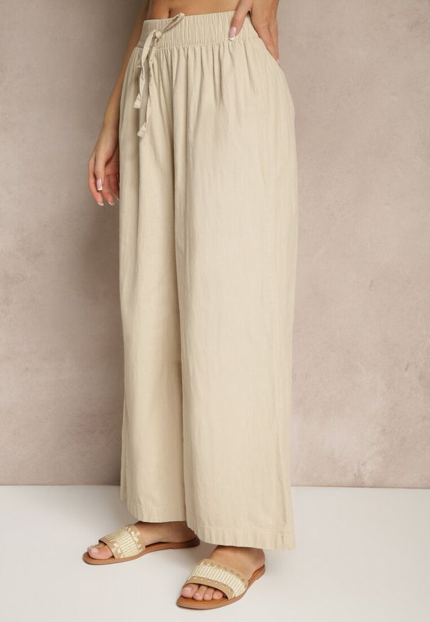 Renee - Beżowe Spodnie High Waist Szerokie z Bawełny Wiązane w Pasie z Gumką w Talii Yaslio. Okazja: na co dzień. Stan: podwyższony. Kolor: beżowy. Materiał: bawełna. Styl: casual, elegancki