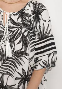 Born2be - Biała Sukienka o Pudełkowym Kroju z Wiązaniem przy Dekolcie w Roślinny Wzór Mirionela. Kolor: biały. Długość rękawa: krótki rękaw #4