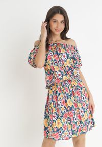 Born2be - Granatowo-Żółta Sukienka Hiszpanka z Gumką w Pasie Cedrinth. Typ kołnierza: dekolt hiszpanka. Kolor: niebieski. Materiał: tkanina, wiskoza. Długość rękawa: krótki rękaw. Wzór: nadruk, kwiaty #2