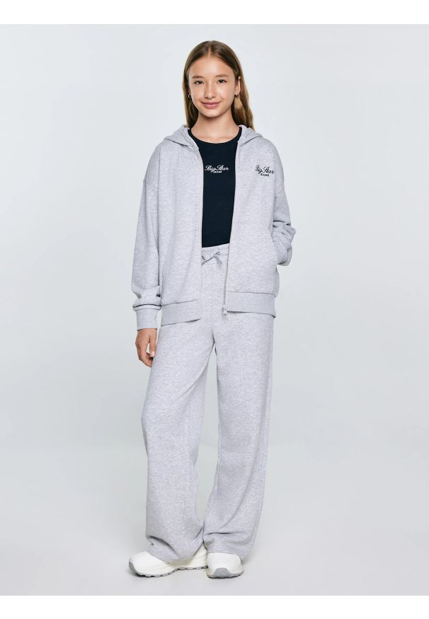 Big-Star - Bluza dziewczęca rozpinana z kapturem szara Milana 901. Okazja: na uczelnię, na co dzień. Typ kołnierza: kaptur. Kolor: szary. Materiał: dzianina. Wzór: melanż, haft. Styl: casual, klasyczny