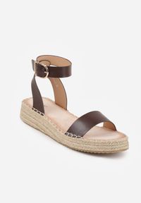 Born2be - Ciemnobrązowe Sandały VICES na Grubej Plecionej Podeszwie z Paskiem Wokół Kostki Roselena. Okazja: na spacer, na co dzień. Zapięcie: pasek. Kolor: brązowy. Materiał: len. Wzór: haft. Sezon: lato. Styl: casual, elegancki #8