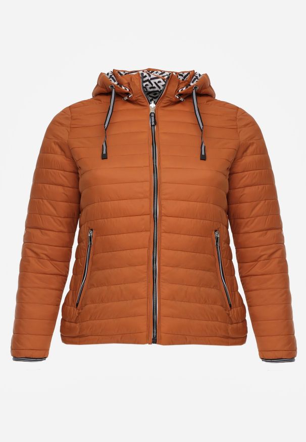 Born2be - Pomarańczowa Dwustronna Kurtka Pikowana z Kapturem Zidila. Okazja: na spacer, na co dzień. Typ kołnierza: kaptur. Kolekcja: plus size. Kolor: pomarańczowy. Materiał: jeans. Wzór: geometria. Styl: casual, sportowy