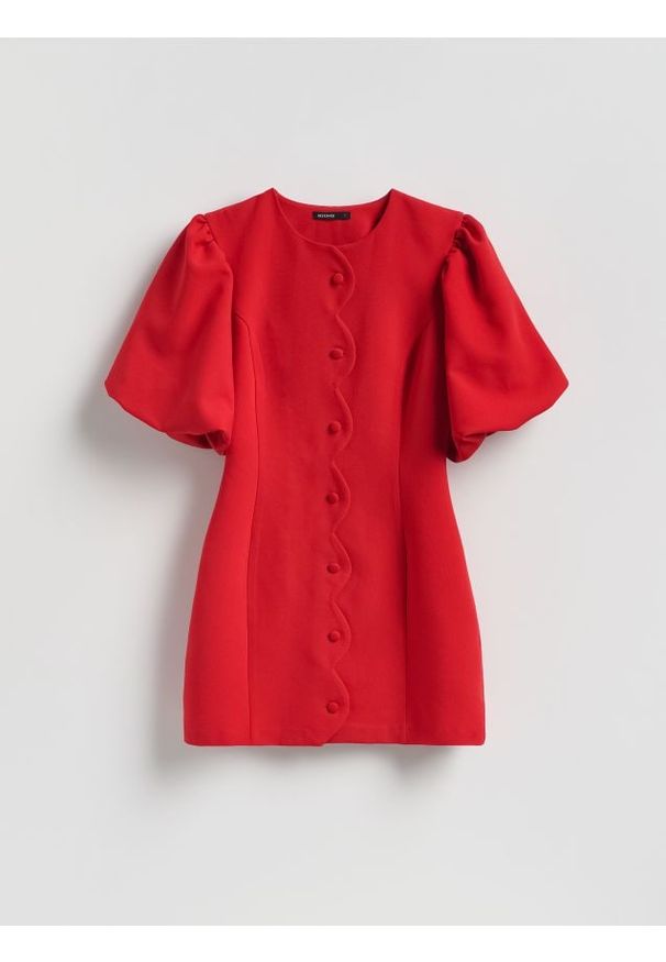 Reserved - Sukienka z bufiastymi rękawami - czerwony. Kolor: czerwony. Materiał: wiskoza, tkanina