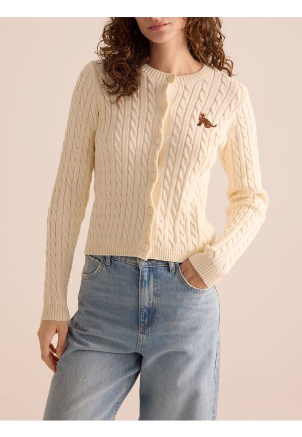 Reserved - Kardigan z haftem - kremowy. Kolor: kremowy. Materiał: dzianina, bawełna. Wzór: haft