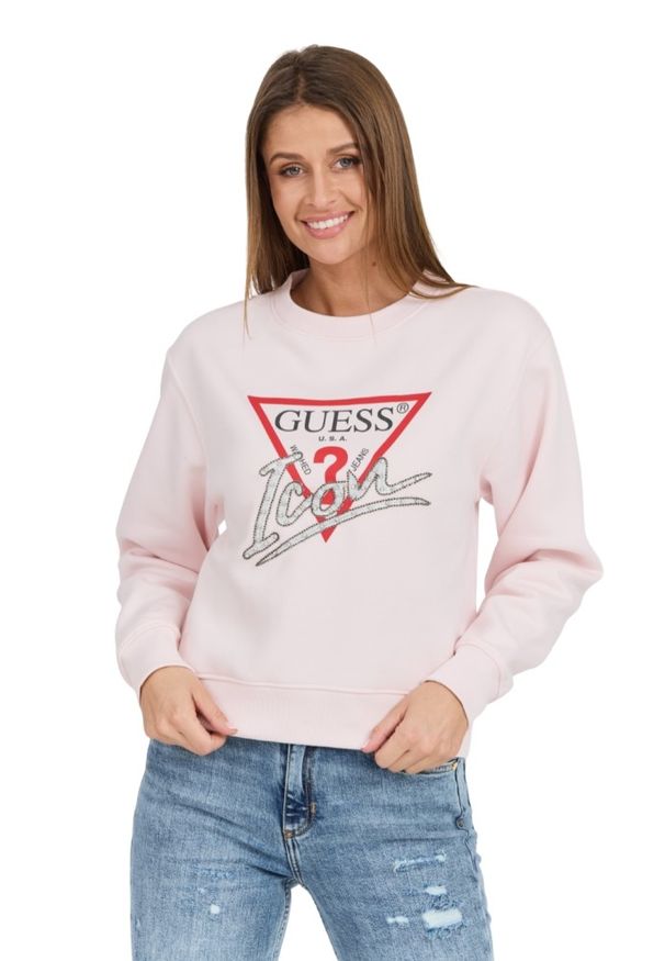 Guess - GUESS Różowa damska bluza Icon z dużym logo. Okazja: na co dzień. Kolor: różowy. Materiał: bawełna, poliester, materiał. Styl: elegancki, casual