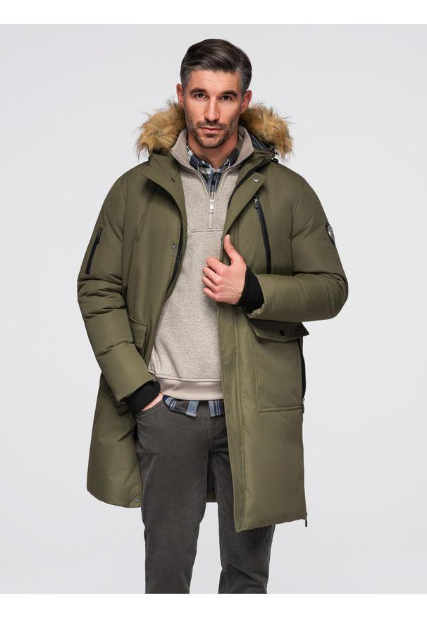 Ombre Clothing - Męska ocieplana kurtka alaska z kieszeniami i rozpinanym dołem – ciemnooliwkowa V3 - Rozmiar: XL. Typ kołnierza: kaptur. Kolor: oliwkowy. Materiał: syntetyk, materiał. Długość: długie. Wzór: moro. Styl: militarny