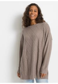 bonprix - Sweter oversize w warkocze. Kolor: brązowy #1