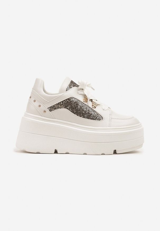 Renee - Białe Sneakersy Vices na Platformie Ozdobione Brokatem Ldivana. Okazja: na co dzień. Nosek buta: okrągły. Zapięcie: sznurówki. Kolor: biały. Materiał: jeans. Wzór: aplikacja. Obcas: na platformie