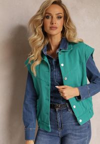 Renee - Zielona Jeansowa Kamizelka z Bawełny Zapinana na Guziki z Kieszeniami Yevani. Kolor: zielony. Materiał: bawełna, jeans #3