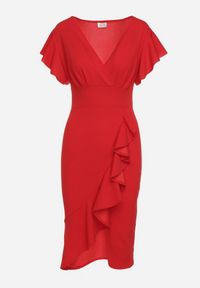 Born2be - Czerwona Dopasowana Sukienka z Kopertowym Dekoltem i Falbankami Leolani. Okazja: na co dzień. Typ kołnierza: kołnierz z falbankami. Kolor: czerwony. Materiał: jeans. Typ sukienki: kopertowe. Styl: casual, klasyczny #6